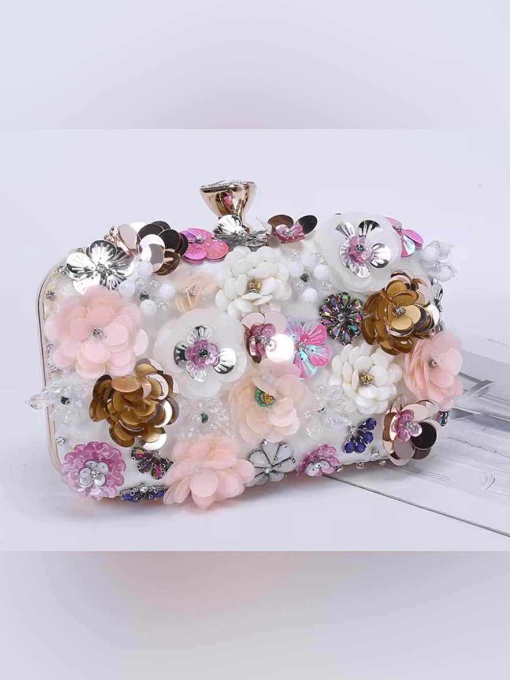 Embellished Floral Evening Clutch - White and Pink